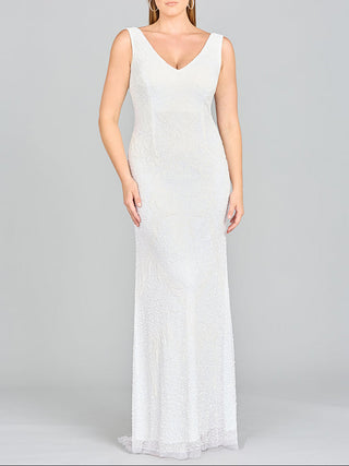 Lara New York Lara Erika wedding dress with beaded draped cowl back and V-neck, elegant bridal gown with intricate beadwork.