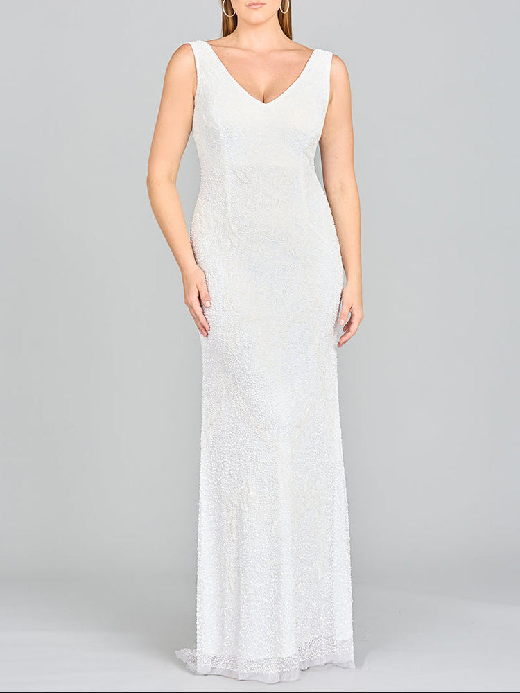 Lara Erika Beaded Draped Cowl Back V-Neck Wedding Dress - Glamourous Grace