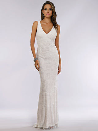 Lara Erika beaded draped cowl back V-neck wedding dress by Lara New York, featuring intricate beadwork and elegant draping details.