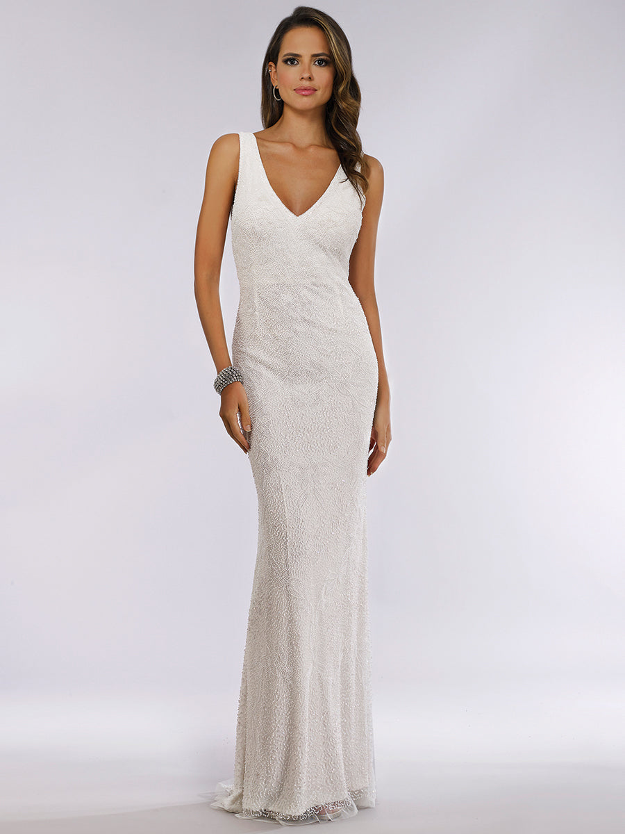 Lara Erika Beaded Draped Cowl Back V-Neck Wedding Dress - Glamourous Grace