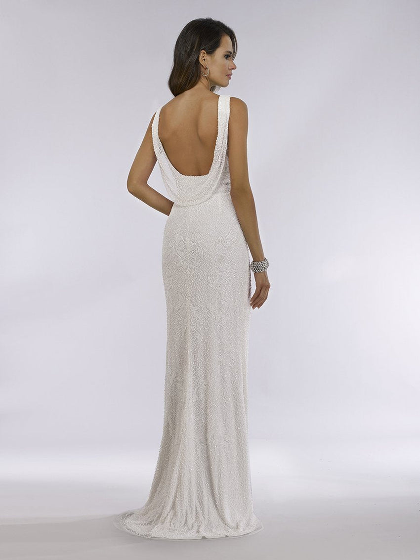 Lara Erika Beaded Draped Cowl Back V-Neck Wedding Dress - Glamourous Grace