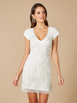 Lara Candie V-Neck Beaded Mini Dress with Fringe - Glamourous Grace