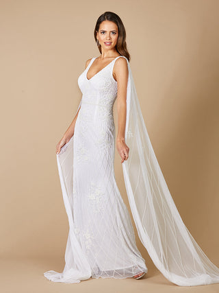 Lara Gia Beaded Tank Wedding Dress with Cape Detail - OUTLET - Glamourous Grace
