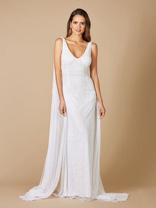 Lara Gia Beaded Tank Wedding Dress with Cape Detail - OUTLET - Glamourous Grace