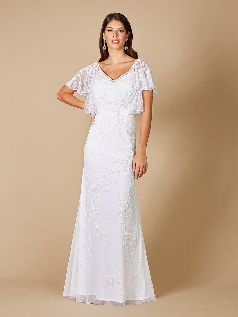 Lara Greyson Beaded Flutter Sleeve Wedding Dress - Glamourous Grace