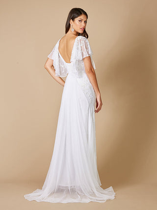 Lara Greyson Beaded Flutter Sleeve Wedding Dress - Glamourous Grace