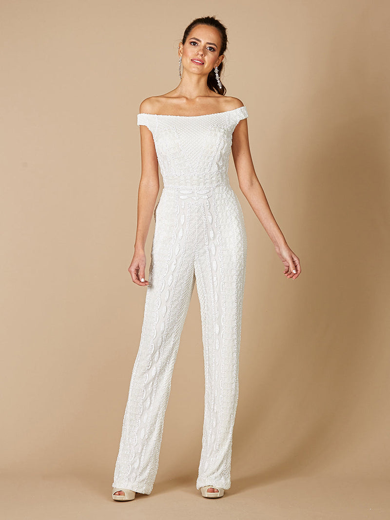 Lara Gabby Beaded Off-the-Shoulder Bridal Jumpsuit - Glamourous Grace