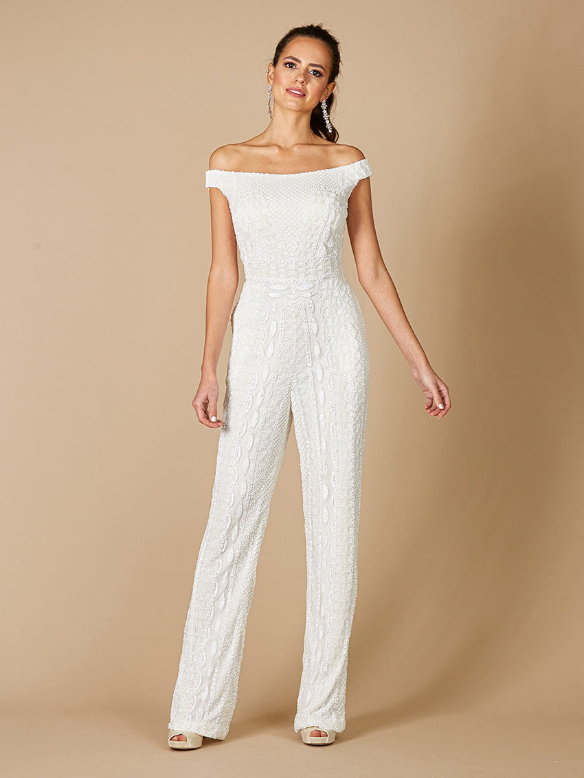 Lara Gabby Beaded Off-the-Shoulder Bridal Jumpsuit - Glamourous Grace
