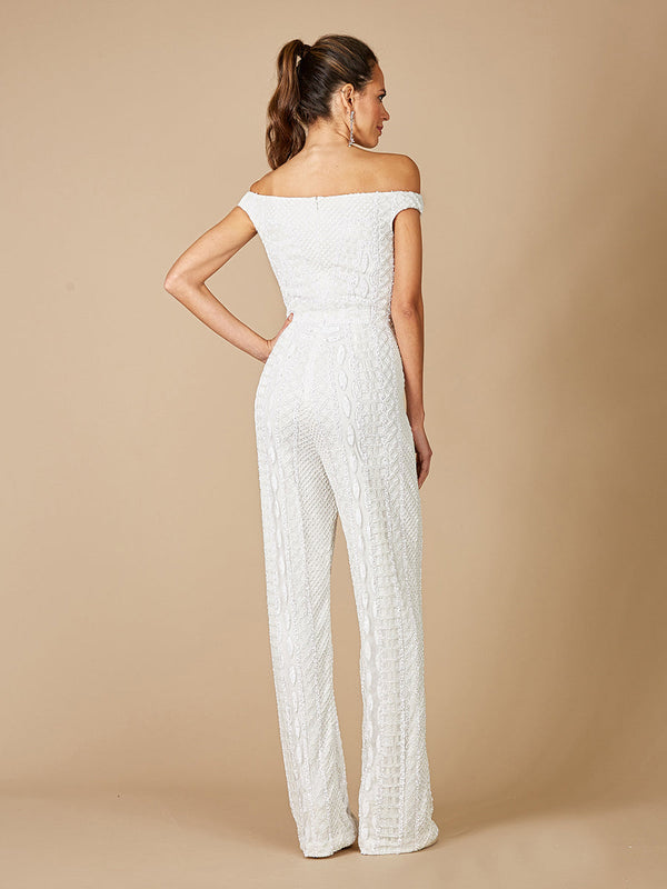 Lara Gabby Beaded Off-the-Shoulder Bridal Jumpsuit - Glamourous Grace