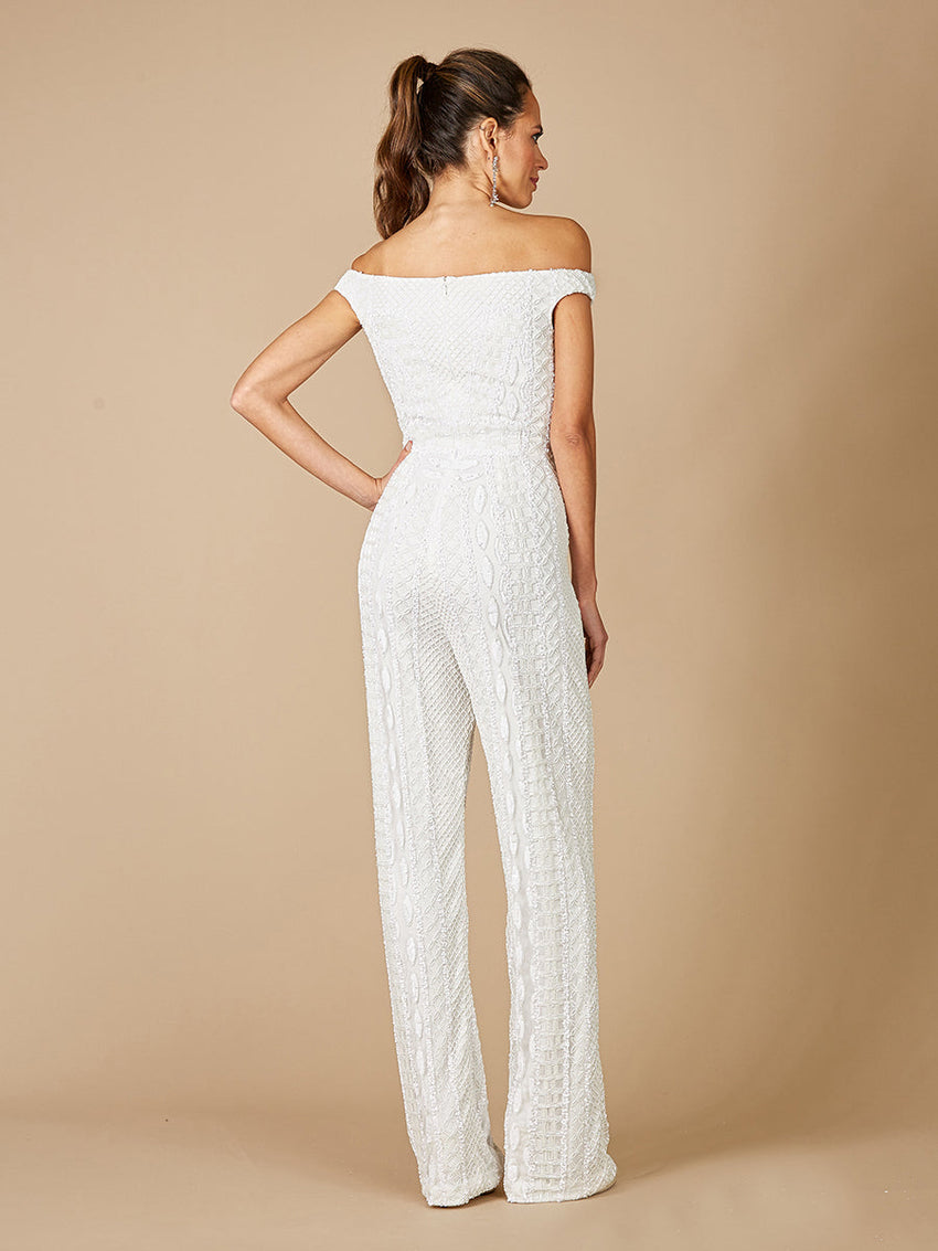 Lara Gabby Beaded Off-the-Shoulder Bridal Jumpsuit - Glamourous Grace