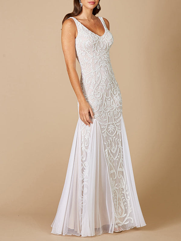 Lara Greta Beaded V-Neck Tulle Wedding Dress with Contrast Lining - Glamourous Grace