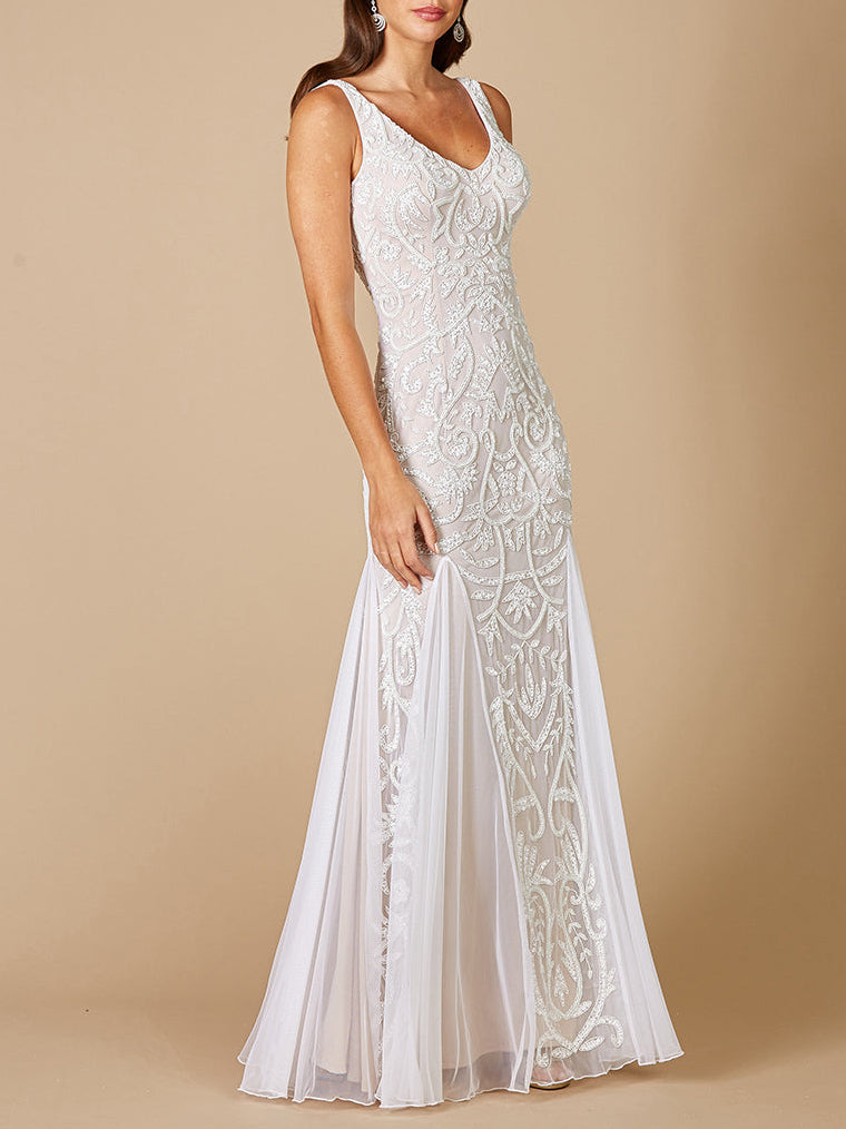 Lara Greta Beaded V-Neck Tulle Wedding Dress with Contrast Lining - Glamourous Grace