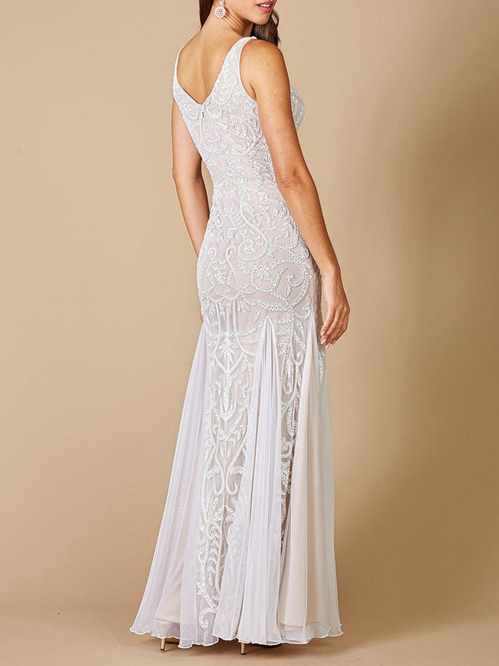 Lara Greta Beaded V-Neck Tulle Wedding Dress with Contrast Lining - Glamourous Grace