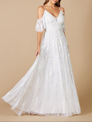Lara Giana beaded cold-shoulder wedding dress by Lara New York, featuring intricate beadwork and elegant design details.