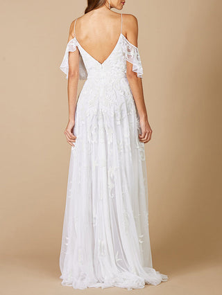 Lara Giana beaded cold-shoulder wedding dress by Lara New York, featuring intricate beadwork and elegant design.