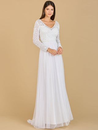 Long Sleeve Bridal Gown with Flowy Skirt - Glamourous Grace