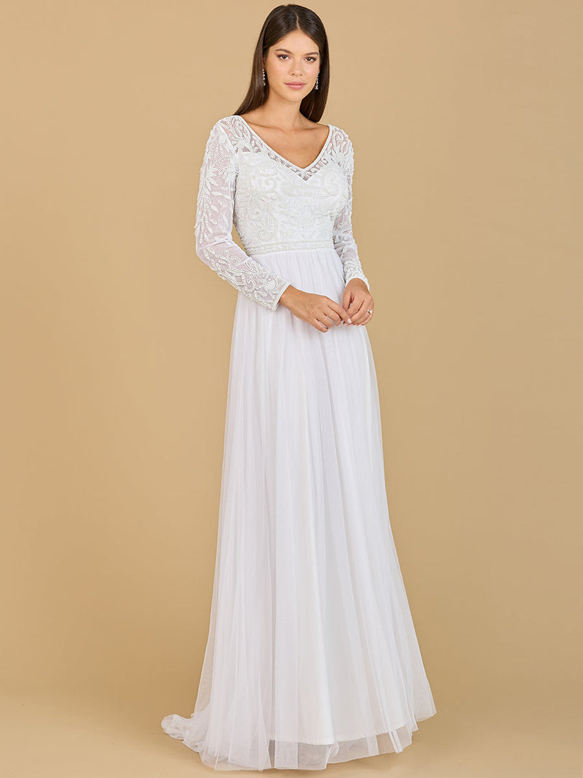 Long Sleeve Bridal Gown with Flowy Skirt - Glamourous Grace