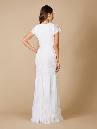 Lara Gale high-neck beaded wedding dress by Lara New York featuring intricate beadwork and elegant silhouette.