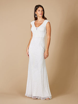 Lara Gwen beaded short sleeve wedding dress by Lara New York, featuring intricate beadwork and elegant design.