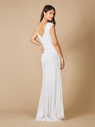 Lara Gwen beaded short sleeve wedding dress by Lara New York, featuring intricate beadwork and elegant design.