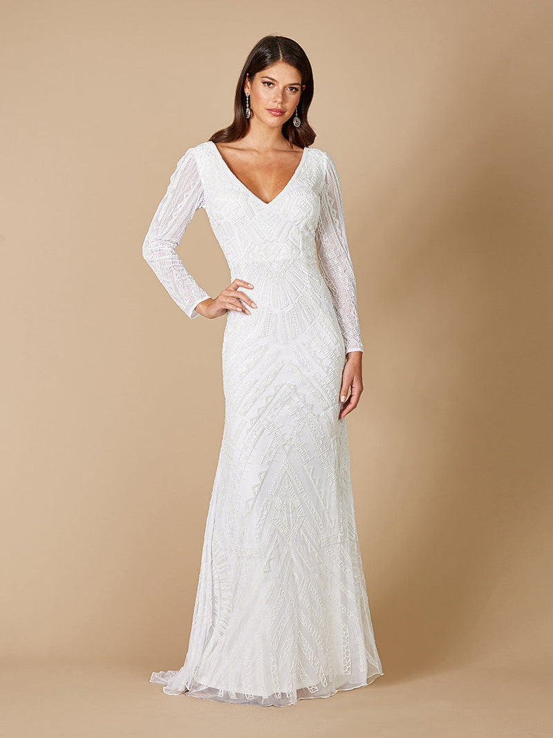 Lara Gretchen V-Neck Long Sleeve Wedding Dress - Glamourous Grace