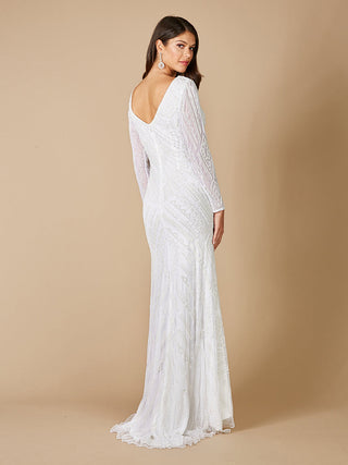Lara Gretchen V-Neck long sleeve wedding dress by Lara New York with elegant fit and intricate lace details.