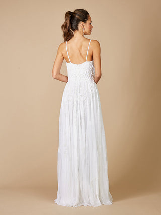 Lara New York Ginny sweetheart beaded wedding dress with intricate embroidery and elegant fit, displayed on a hanger.