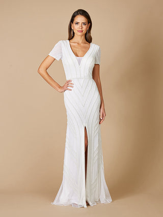 Lara Gabriella beaded plunge wedding dress by Lara New York, with intricate beadwork and elegant silhouette.