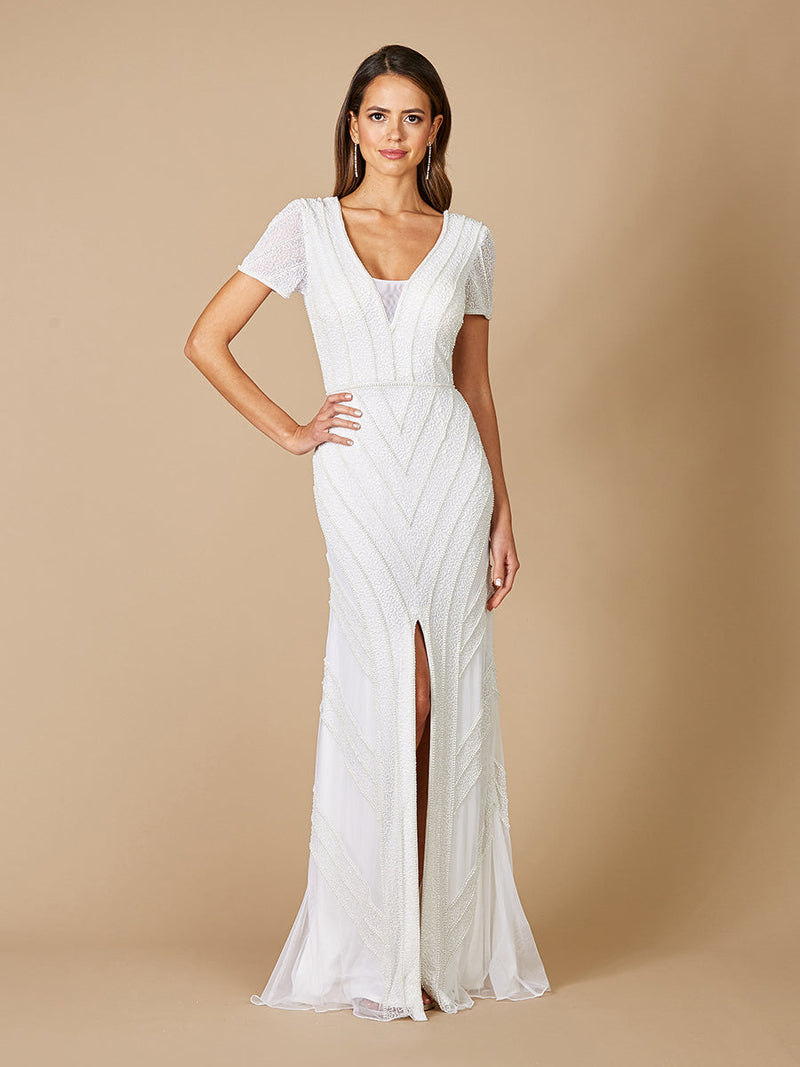 Lara Gabriella Beaded Plunge Wedding Dress - Glamourous Grace