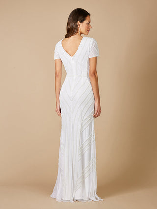 Lara Gabriella beaded plunge wedding dress by Lara New York featuring intricate beadwork and elegant silhouette.