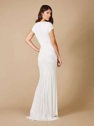 Lara Flavia fitted beaded wedding gown by Lara New York, elegant white dress with intricate beadwork and a flowing train.