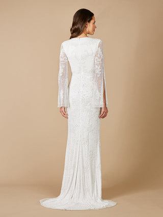 Lara Fallon long sleeve beaded wedding gown by Lara New York, elegant dress with intricate beadwork and flowing fabric.