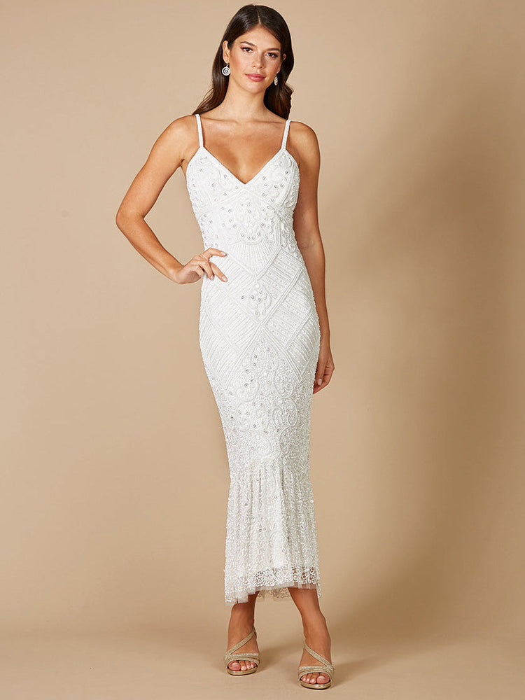 Lara Fae V-Neck Spaghetti Strap Wedding Gown - Glamourous Grace