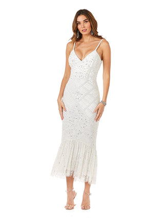 Lara Fae V-neck spaghetti strap wedding gown by Lara New York, elegant white dress with fitted bodice and flowing skirt.