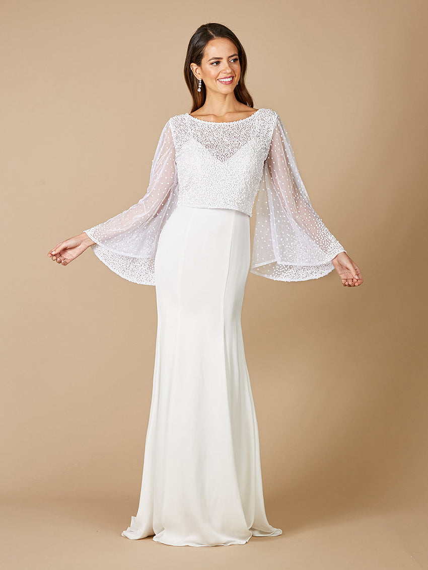 Lara Grace Beaded Long Sleeve Bridal Capelet Top - Glamourous Grace