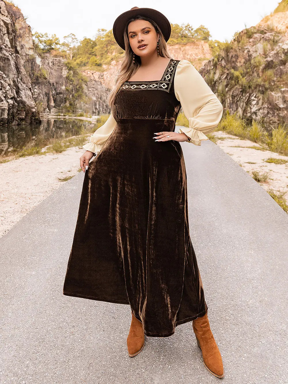 Plus Size Embroidered Square Neck Dress - Glamourous Grace