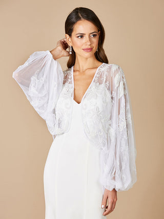 Gillian beaded bridal jacket by Lara New York, elegant white lace jacket with intricate beadwork for wedding attire.