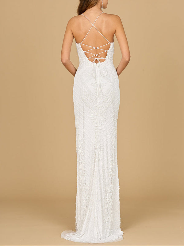 Scoop Neck, Open Back Beaded Bridal Gown - Glamourous Grace