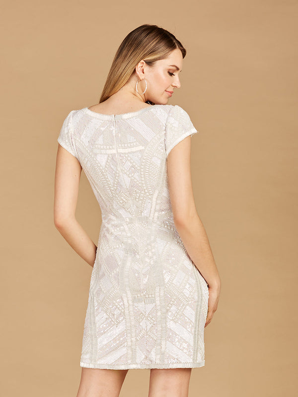 V-Neck Beaded Bridal Mini with Cap Sleeves - Glamourous Grace