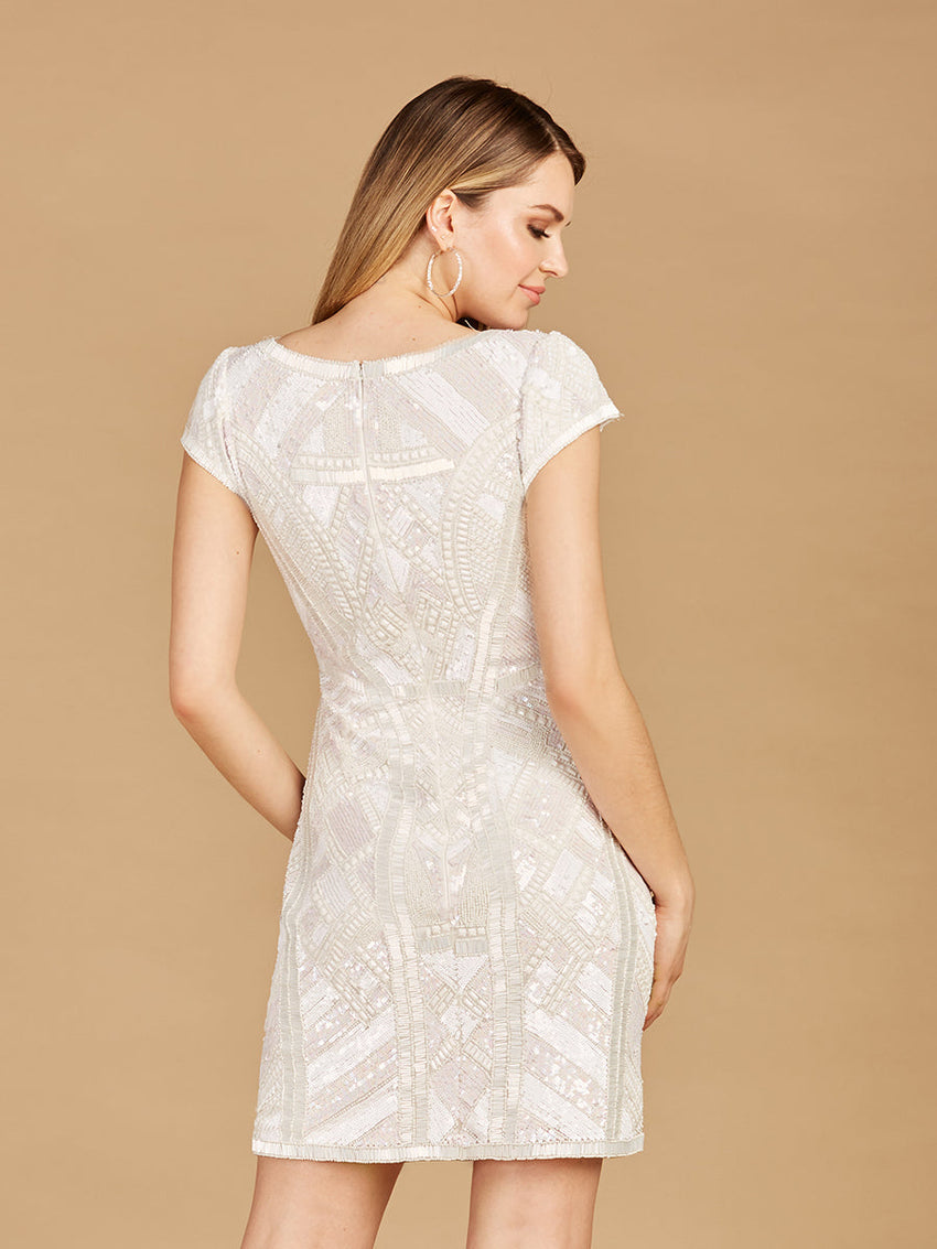 V-Neck Beaded Bridal Mini with Cap Sleeves - Glamourous Grace