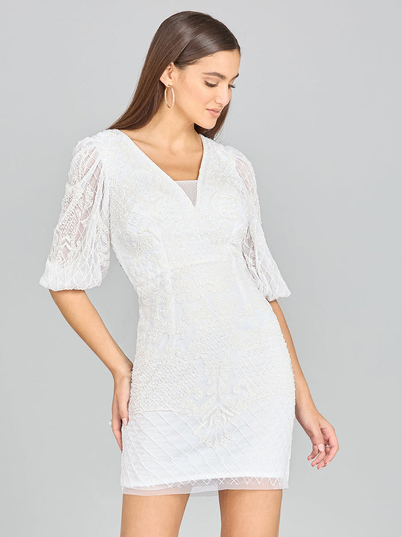 V-Neck Beaded Bridal Short with Sleeves - Glamourous Grace
