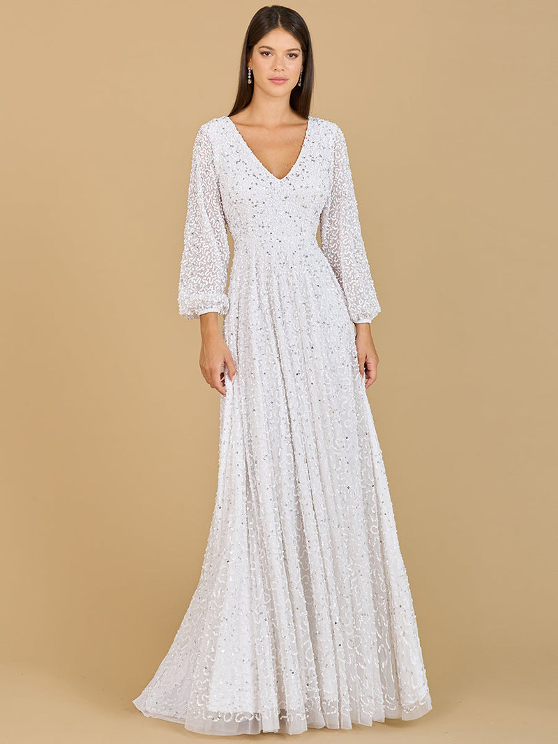 Long Sleeve, Beaded A-Line Bridal Dress - Glamourous Grace