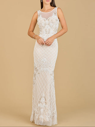 Lara New York high-neck sleeveless wedding gown with elegant fitted bodice and flowing skirt, shown on a mannequin.