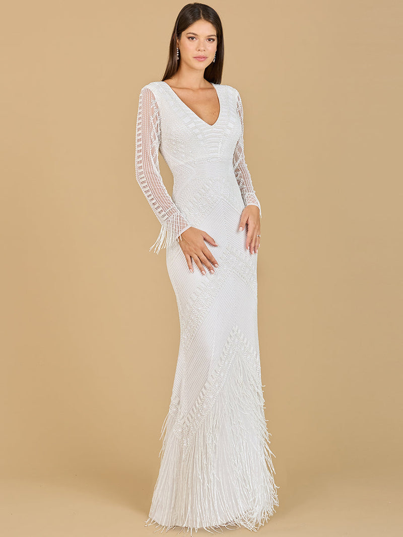 Long Sleeve Fringe Bridal Gown - Glamourous Grace