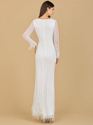 Long Sleeve Fringe Bridal Gown - Glamourous Grace
