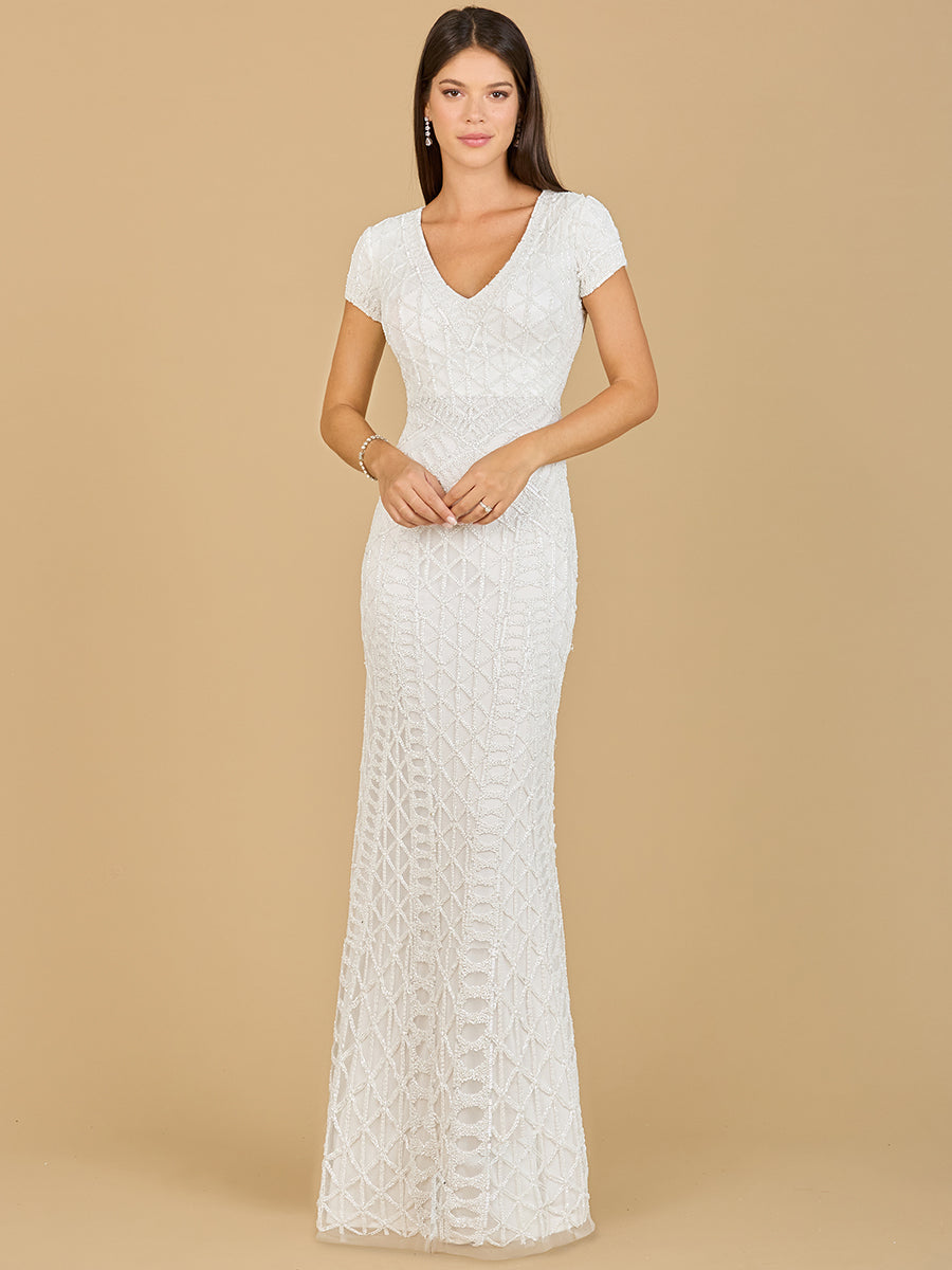 Beaded V-Neckline Dress with Cap Sleeves - Glamourous Grace
