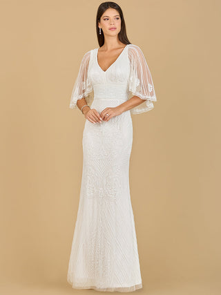 Cape Sleeve V-Neck Beaded Gown - Glamourous Grace