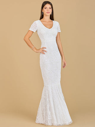 Lara New York cap sleeve beaded wedding gown with intricate beadwork and elegant silhouette, perfect for bridal occasions.