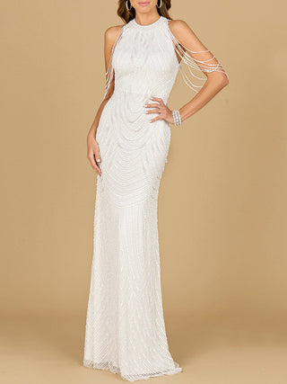 Ivory halter neck dress with fringe details by Lara New York, stylish evening gown perfect for special occasions.