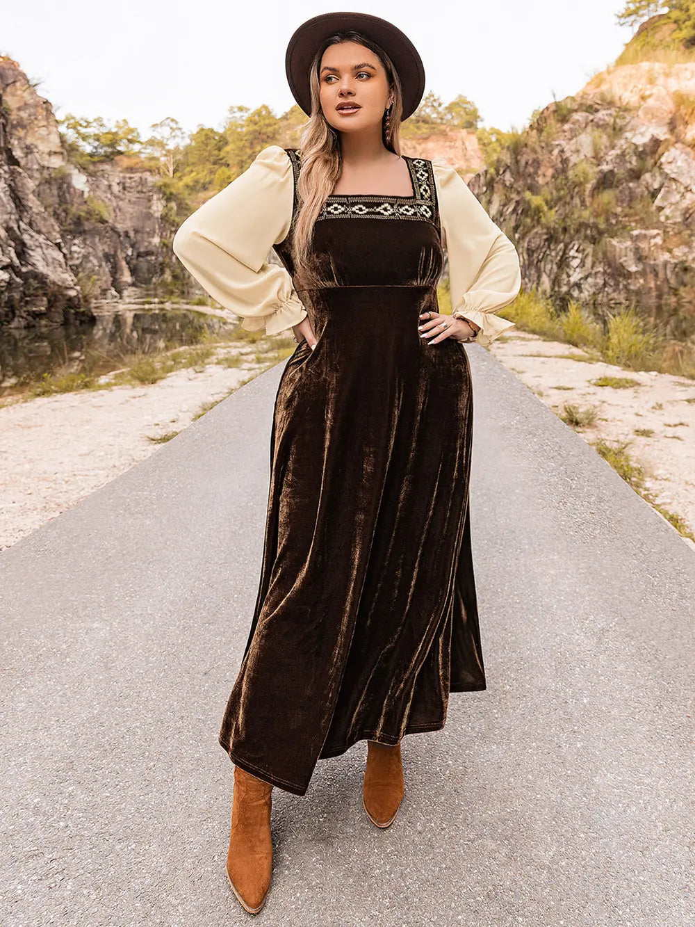 Plus Size Embroidered Square Neck Dress - Glamourous Grace